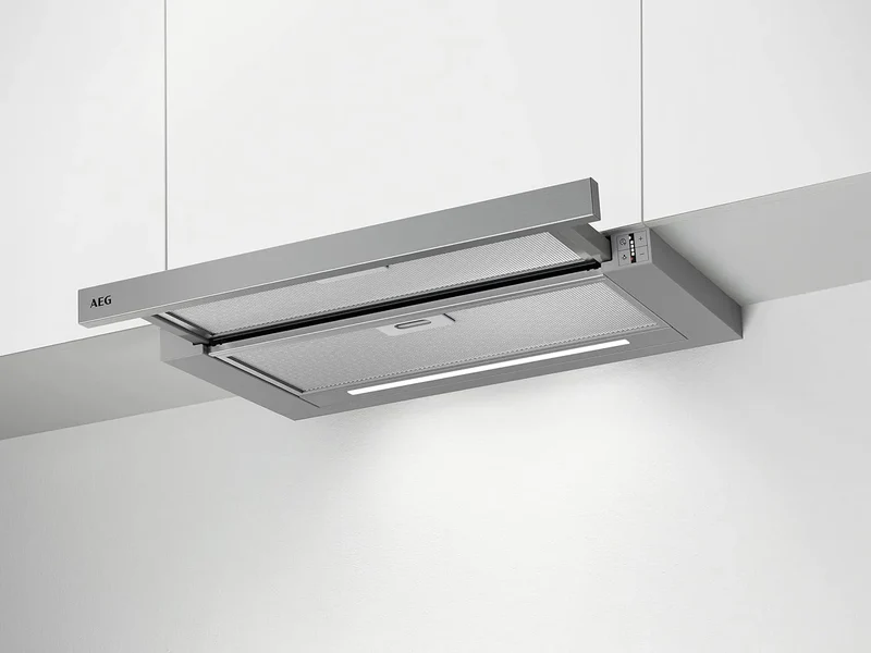 AEG Dunstabzugshaube DPS5650AM, max. 70 dB, max. 415 m³/h, Breite 60cm, min. 54, Flachschirm, Abluft oder Umluft, SoftTouch Tasten, Farbe Grau