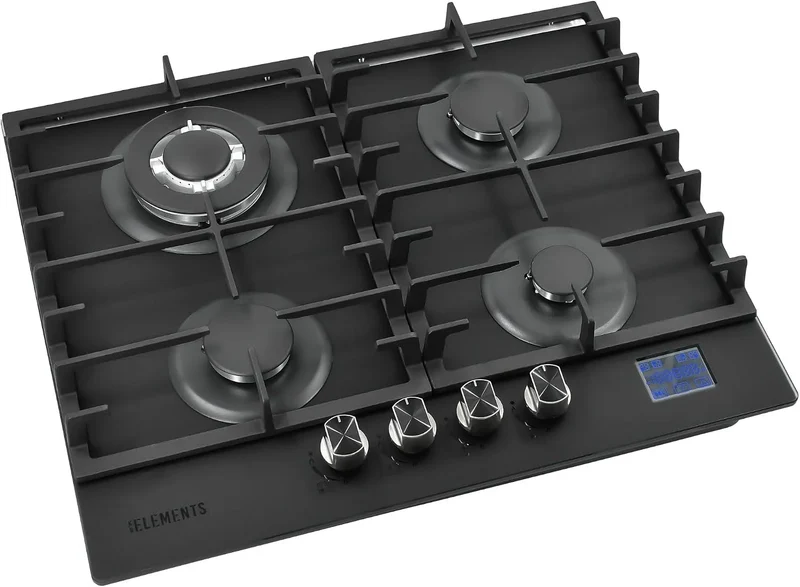 Kochfeld, Gaskochfeld 4 Flammig, Gasherd, Einbau-Gaskocher für Zuhause & Wohnmobil, DIGITALER GAS-STOP-TIMER, Gas-Herdplatte mit Wok Brenner