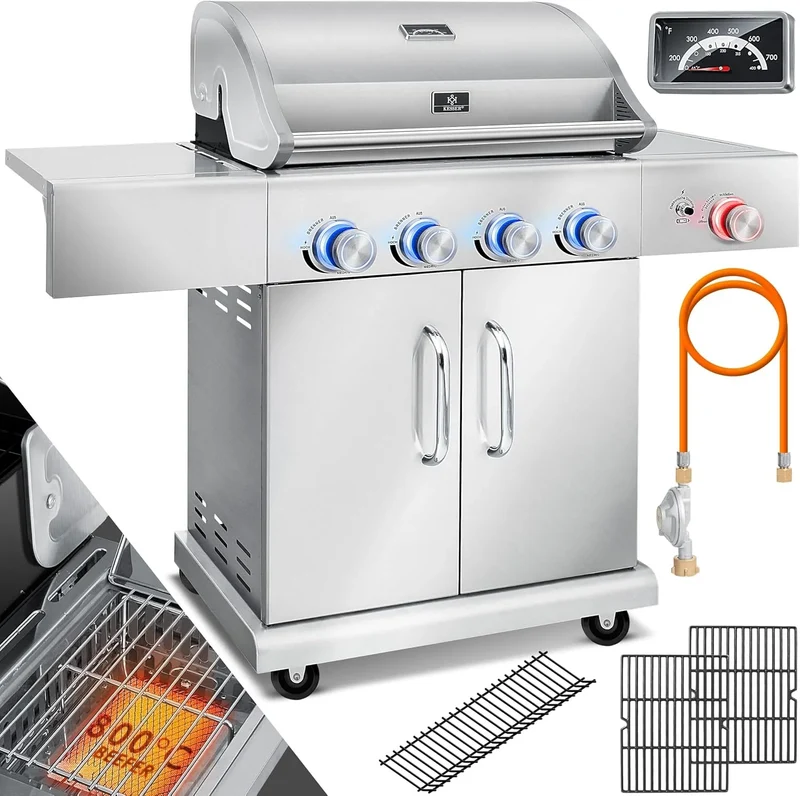 Kesser Gasgrill, bis 800°C BBQ Grillwagen aus Edelstahl inklusive. Grillrost, aus Gusseisen, Breite 66cm, Grillthermometer & Gas-Schlauch