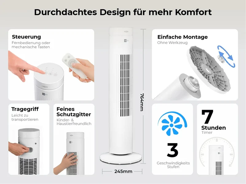AirX SPIN Turmventilator - Mit Fernbedienung & Timer