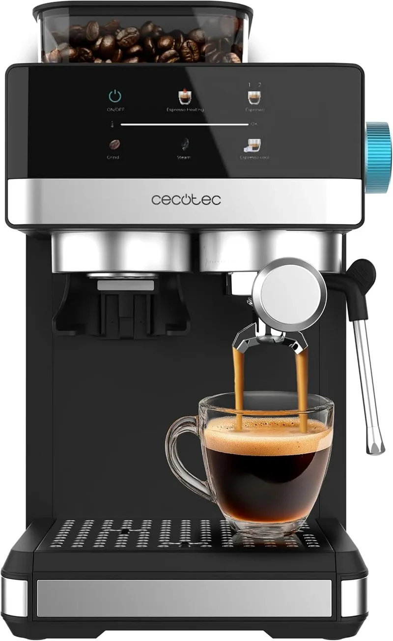 Cecotec Espressomaschine, Power Espresso 20 Grind Fresh. 1350W, 20 Bar, Fassungsvermögen 1,7L Wassertank, 20 Mahlgrade, 150g Kaffeebehälter