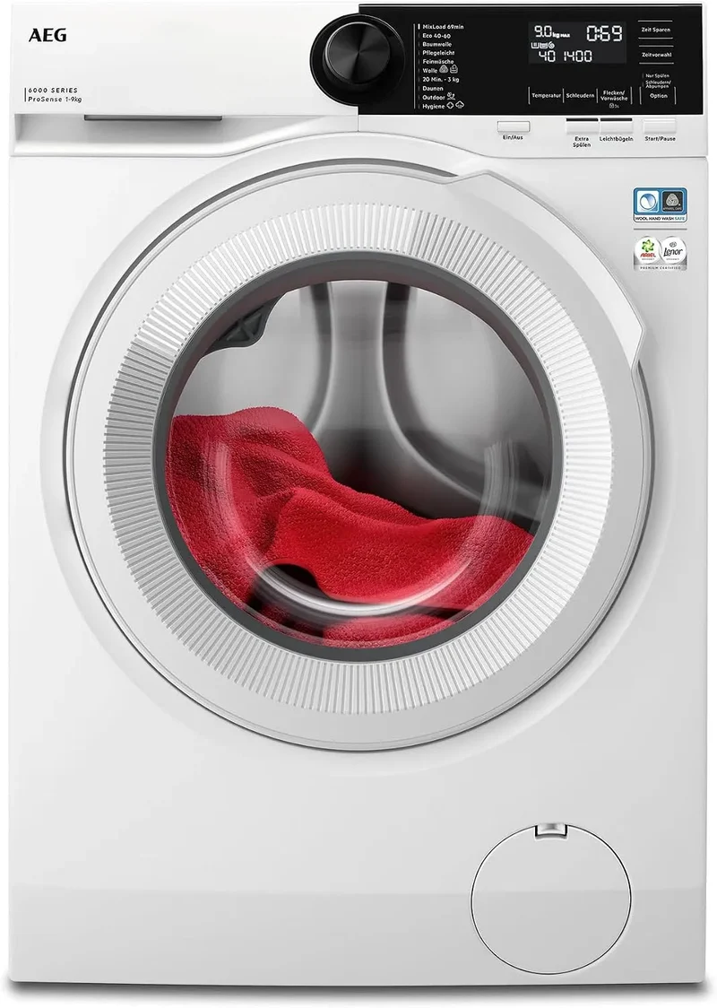 AEG Waschmaschine 6000 1400 LR6A65490, Gewicht 9 kg, Serie ProSense Mengenautomatik, Leise, Nachlegefunktion, Kindersicherung, Schontrommel/min