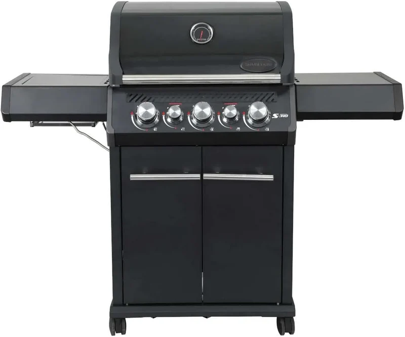 Gasgrill S-318-800 SANTOS, Grad Infrarot-Zone & Heckbrenner, ausziehbares Warmhalterost, inklusive. Drehspieß, Rostheber & Silikonablage, All Black