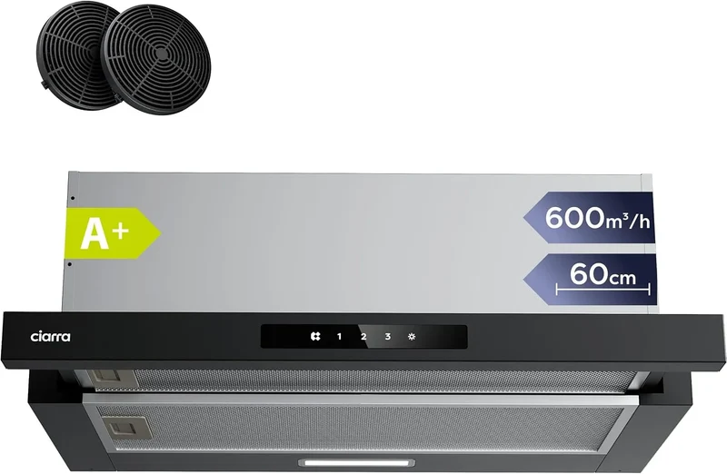 CIARRA Dunstabzugshaube CBCB6909A CBCF055, A+ 60 cm 600 m³/h Flachschirmhaube inklusive Aktivkohlefilter Touch-Bedienung