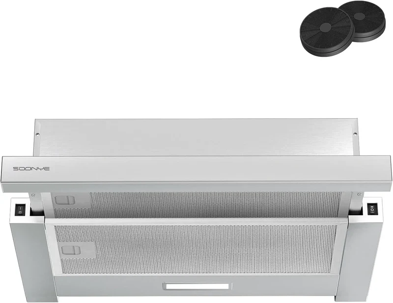 Dunstabzugshaube Flachschirmhaube, Breite 60cm, 370 m³/h Luftstrom, Flach Abzugshaube 62dB, Abluft, Umluft inklusive Aktivkohlefilter, LED-Beleuchtung