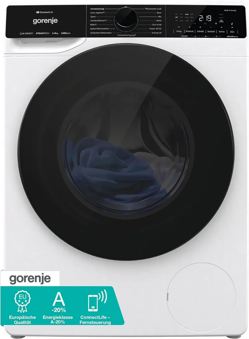 Gorenje Waschmaschine WPNA84A2TS 1400 A-20, Gewicht 8Kg, 15 Betriebsprogramme, mit Dampffunktion, ConnectLife, min, Totaler AquaStop, ExtraHygiene