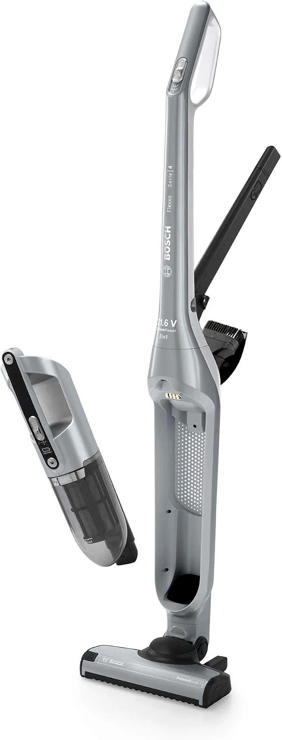 Bosch Akku-Staubsauger 2in1 BCH3P210, beutellos, Lange Laufzeit, Fugendüse, Silber, Flexxo Serie 4, kabelloser Handstaubsauger, hohe Saugleistung