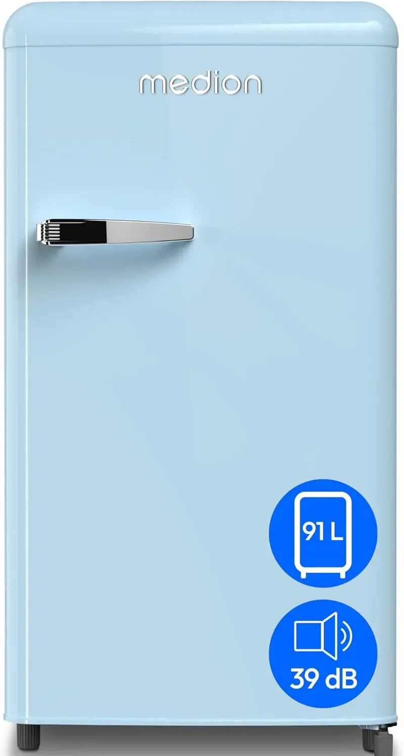 Kühlschrank MD37800 MEDION Retro, 91cm Höhe, höhenverstellbare Glasablagen, in freistehender Ausführung, Metall Türgriff, Fassungsvermögen 91 Liter