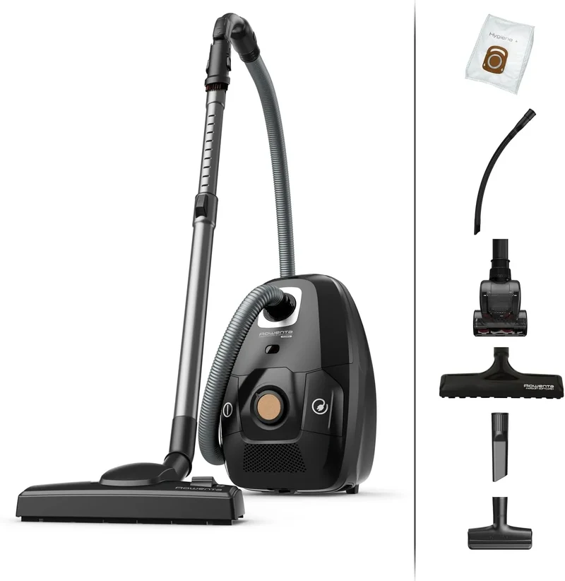 Rowenta Bodenstaubsauger RO6189, 400 Watt, 12 m Aktionsradius, kompaktes Design, in Schwarz, Fassungsvermögen 4,5 L Staubbeutel, inklusive. Zubehör