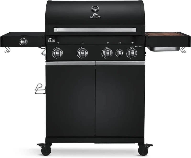Gasgrill BURNHARD, 4-Brenner inklusive. BACKBURNER, 900°C Infrarot-Keramikbrenner, Seitenkochfeld, Gusseisenrost, Abdeckhaube, Big FRED Deluxe