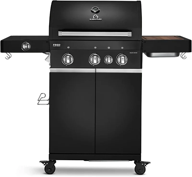 Gasgrill BURNHARD, 900°C Infrarot-Keramikbrenner, Gusseisen-Grillrost, Grillwagen, FRED Deluxe, 3-Brenner inklusive. BACKBURNER, Seitenkochfeld