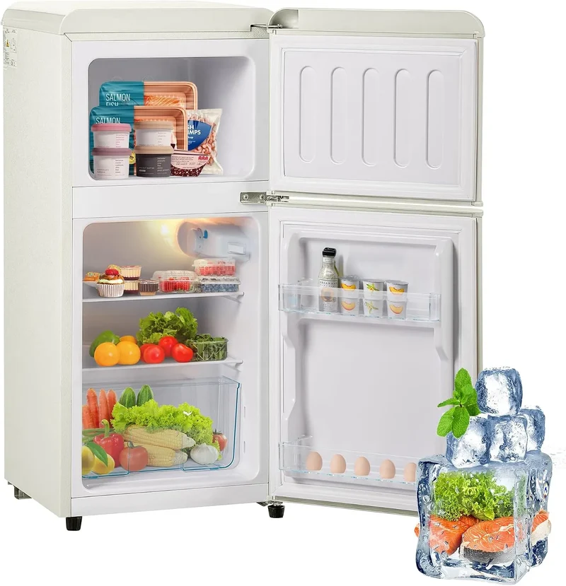 Kühlschrank Merax Retro, Fassungsvermögen 38 Liter Kühlfach,102 kWh, Fassungsvermögen 60L Mini mit Gefrierschrank, LED-Beleuchtung, Jahr, cremeweiß