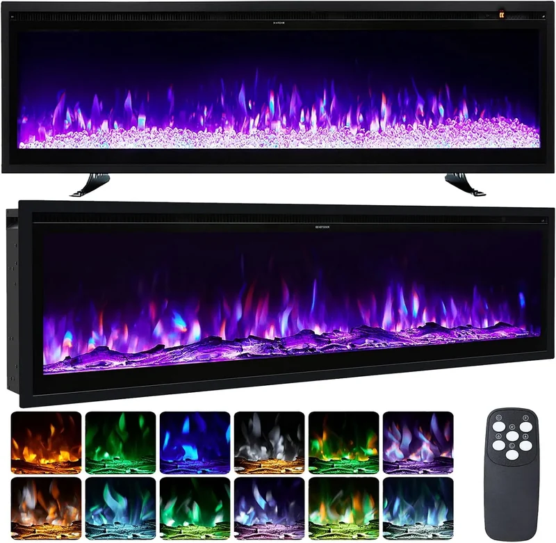 Elektrokamin INMOZATA 50 Zoll, Kamin Elektrisch mit Heizung 900W&1800W, Einbau, Heizfunktion, Timer, 3-IN-1 Wand, 12 Flammenfarben, Standkamin