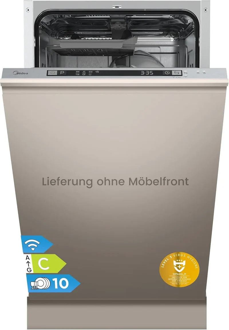 Midea Geschirrspüler 5.14K10C 0-24H, 44 dB, 8 Betriebsprogramme, Automatische Türöffnung, Inox, SV Vollintegriert 45cm, 10 Maßgedecke