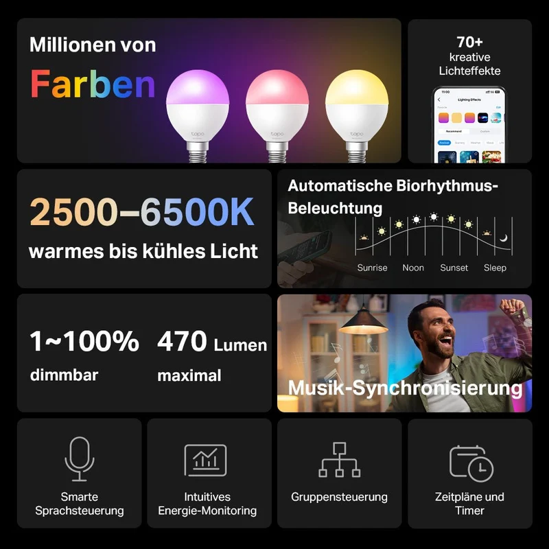E14 & 470 Lumen Tapo L430P | WLAN Glühbirne mehrfarbig