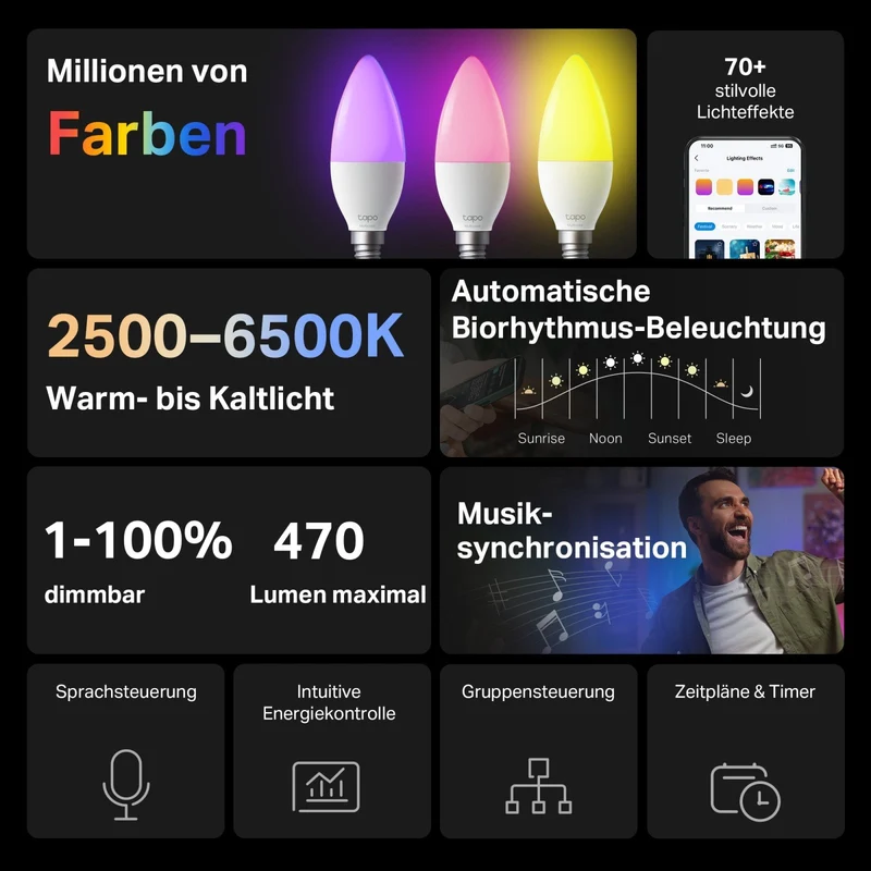 E14 & 470 Lumen Tapo L430C(2er-Pack) | WLAN Glühbirne mehrfarbig