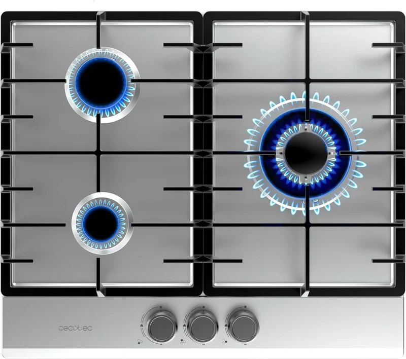 Cecotec Modell 3200F, 3 Brenner, Edelstahl, Triple-Crown WOK-Brenner, Sicherheitsventilsystem, Leistung 6250W, Gasherd Bolero Squad G Inox