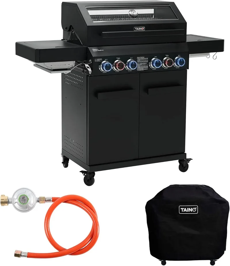 Gasgrill, TAINO PLATINUM YAMARA DARK 4+2 Set Stahl 4 Brenner Keramik Sear-Burner Keramik Backburner Piezo-Zündung Abdeckhaube