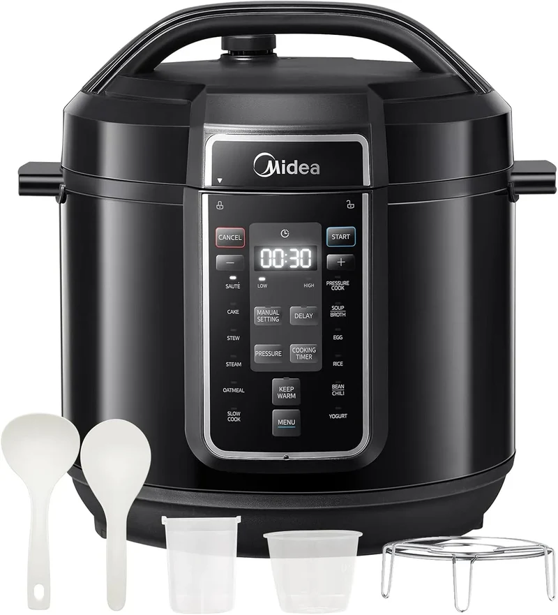 Midea Elektrischer Schnellkochtopf 9-in-1, 8L Multikocher 12 Voreinstellungen Instant, Joghurtbereiter, Slow Cooker, Dampfgarer, Edelstahl Innentopf