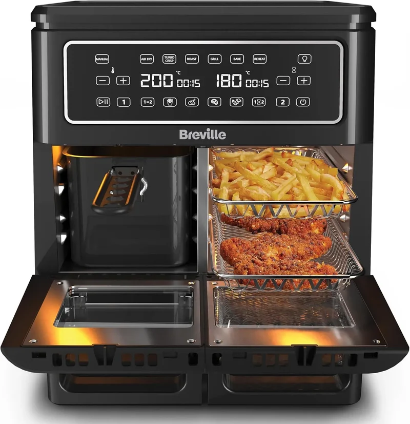 Heißluftfritteuse VDF130X Breville, Fassungsvermögen 11 l Air Fryer: Für mehr als 10 Personen, Leistung 2400 W, Halo Flexi, Digitale Doppelkammer