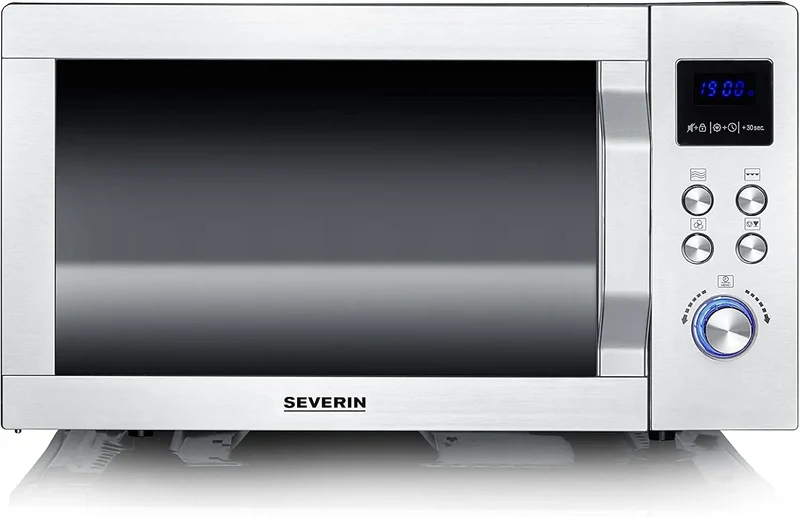 Severin Mikrowelle MW 7777, 3-in-1 mit Glasboden, Grill und Heißluftfunktion, mit großer Nutzfläche für eckiges Geschirr, Edelstahl, in Schwarz