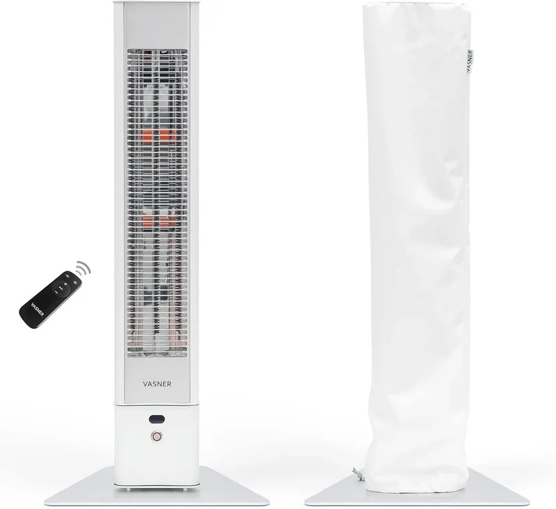 Weiß + AirCape weiß Modell IP65 VASNER HeatTower, Infrarot Standheizstrahler 2500 Watt mit Abdeckhaube, 4 Heizstufen, Heizstrahler Terrasse