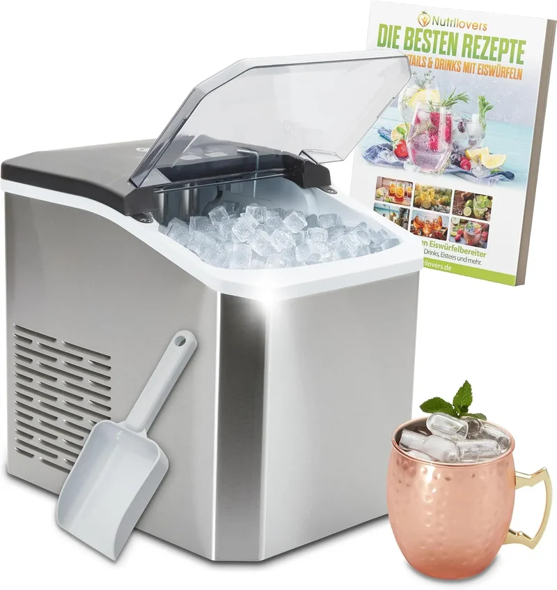 NUTRI-ICE MAKER Edelstahl Eiswürfelbereiter Nutrilovers Eiswürfelmaschine, Transparente Eiswürfel 2 Größen, inklusive. Moscow Mule Becher & Rezeptbuch