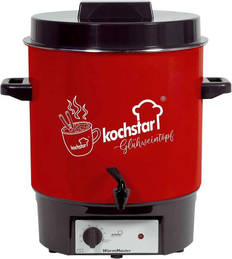 A Kochstar WarmMaster, Inhalt 27 Liter, 1800 Watt, Sonder-Edition X-Mas, Glühweintopf, mit geschlossenem Boden, mit Auslaufhahn, emailliert in Rot
