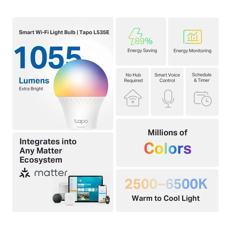 E27 & 1055 Lumen Tapo L535E | WLAN Glühbirne mehrfarbig & Matter zertifiziert