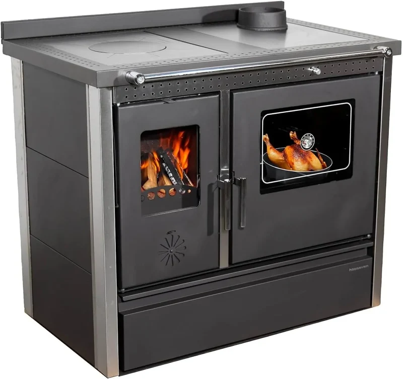 Kaminofen 4050, mit Backfach und Herdplatte Lotus Inox in Schwarz Holzofen 11 kW Holz Ofen Mehrfachbelegung Kamin Heizofen Küchenherd