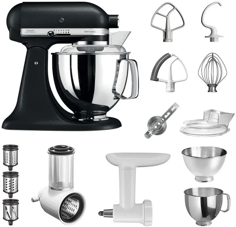 KitchenAid Küchenmaschine 5KSM175PSEBK, Gusseisen in Schwarz, Artisan Starter Paket inklusive. Gemüseschneider Fleischwolf und vielem Zubehör