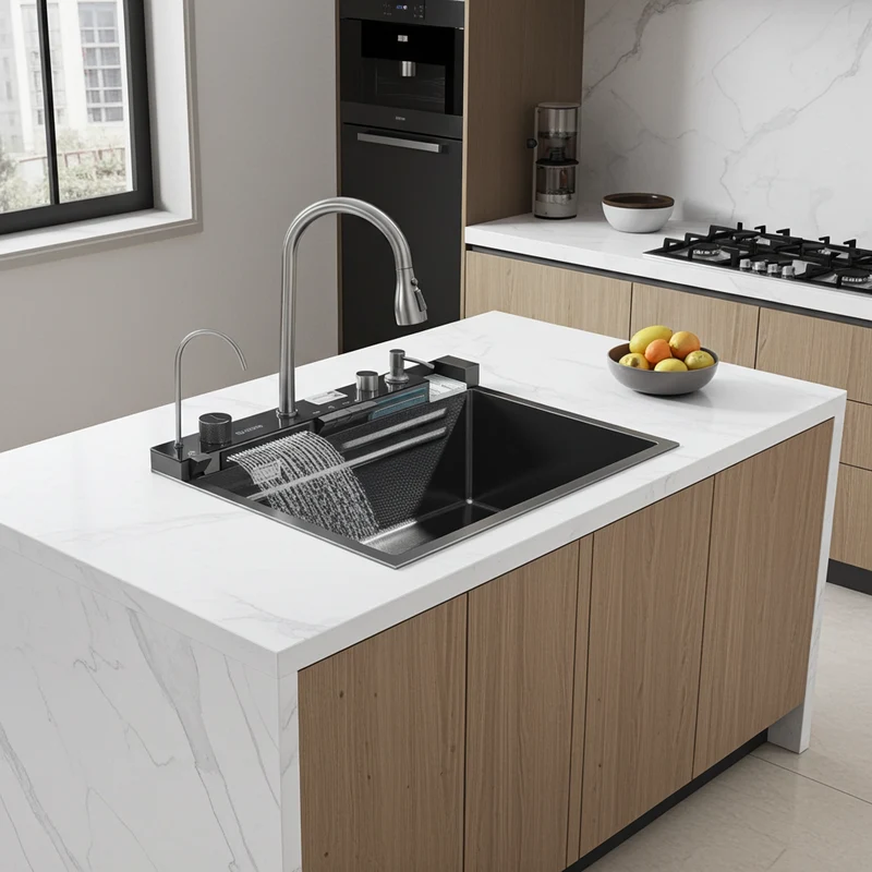 Stainless Steel Kitchen Sink with Faucet Digital Display Large Single Bowl Waterfall Rain 5 Functions System Dish Basin Sink