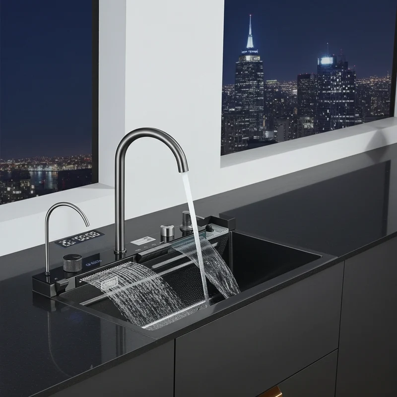 Stainless Steel Kitchen Sink with Faucet Digital Display Large Single Bowl Waterfall Rain 5 Functions System Dish Basin Sink