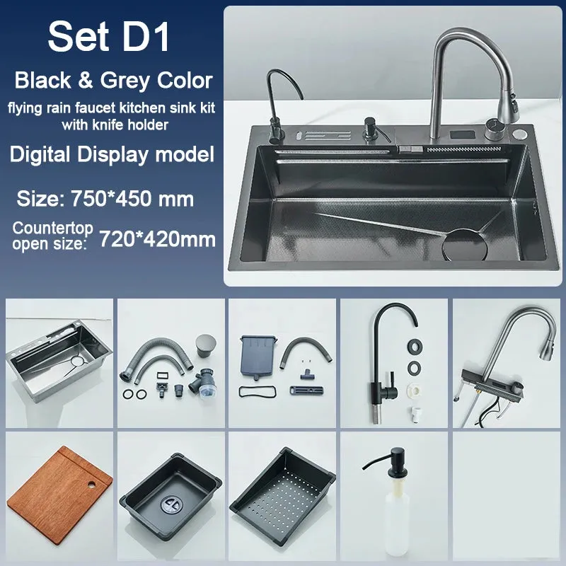 Stainless Steel Kitchen Sink with Faucet Digital Display Large Single Bowl Waterfall Rain 5 Functions System Dish Basin Sink