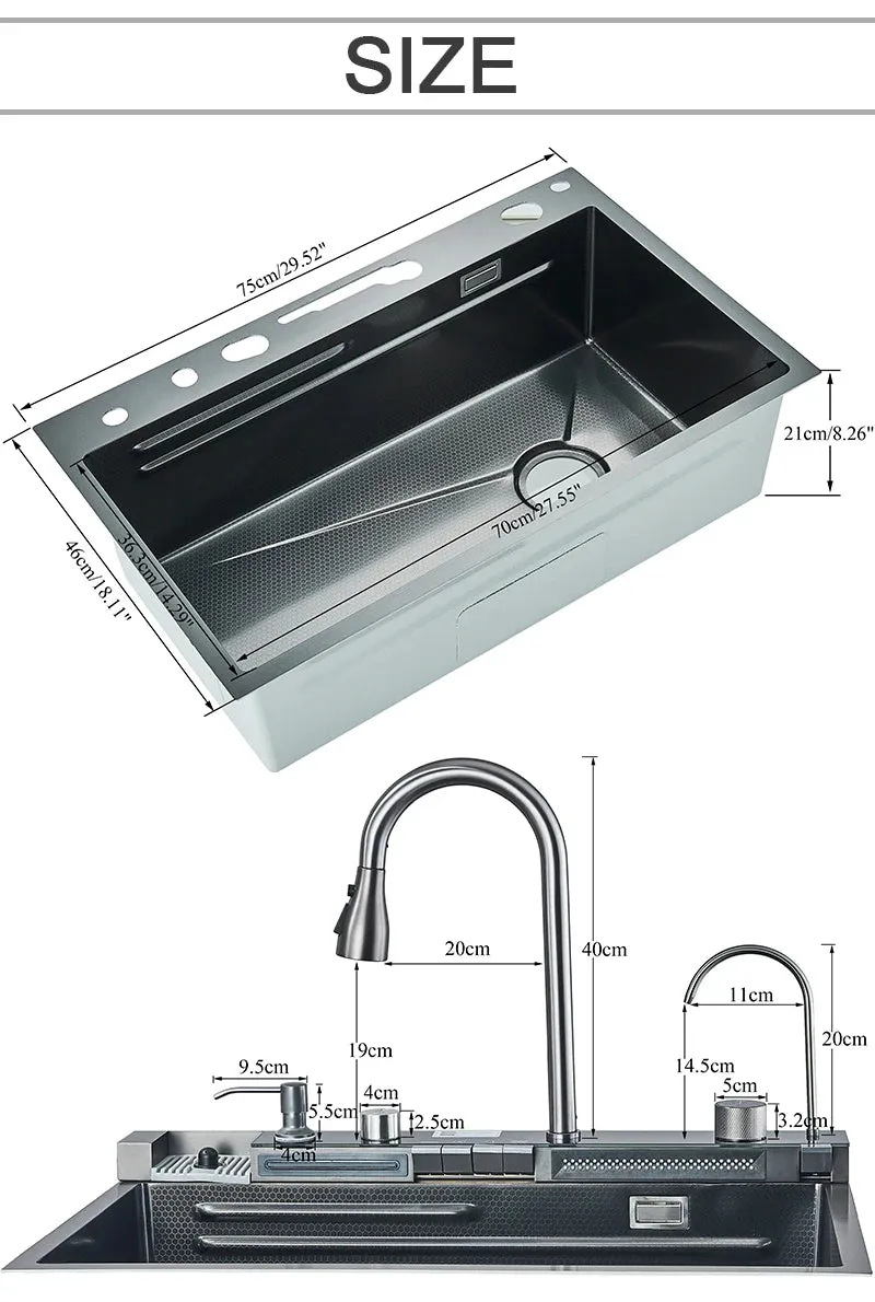 Stainless Steel Kitchen Sink with Faucet 75*45cm Large Single Bowl Digital Display Dish Basin Sink Waterfall Hot Cold Faucets