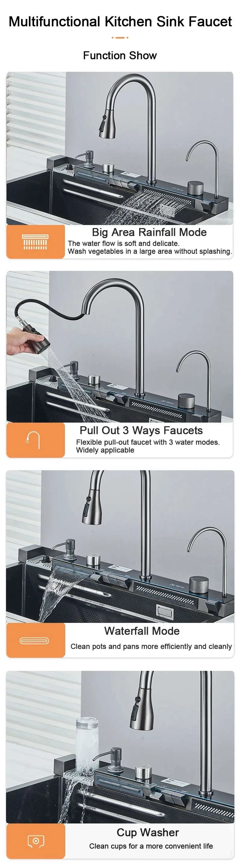 Stainless Steel Kitchen Sink with Faucet 75*45cm Large Single Bowl Digital Display Dish Basin Sink Waterfall Hot Cold Faucets