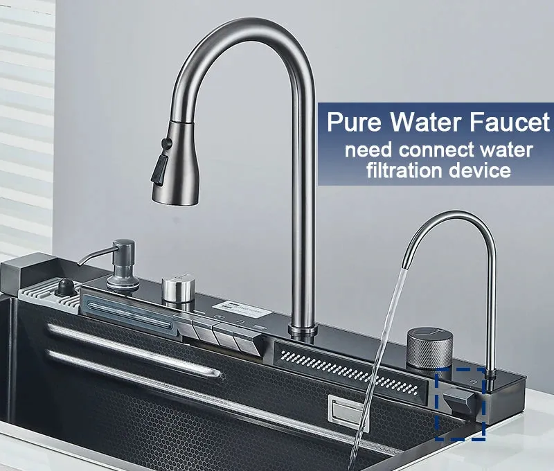 Stainless Steel Kitchen Sink with Faucet 75*45cm Large Single Bowl Digital Display Dish Basin Sink Waterfall Hot Cold Faucets