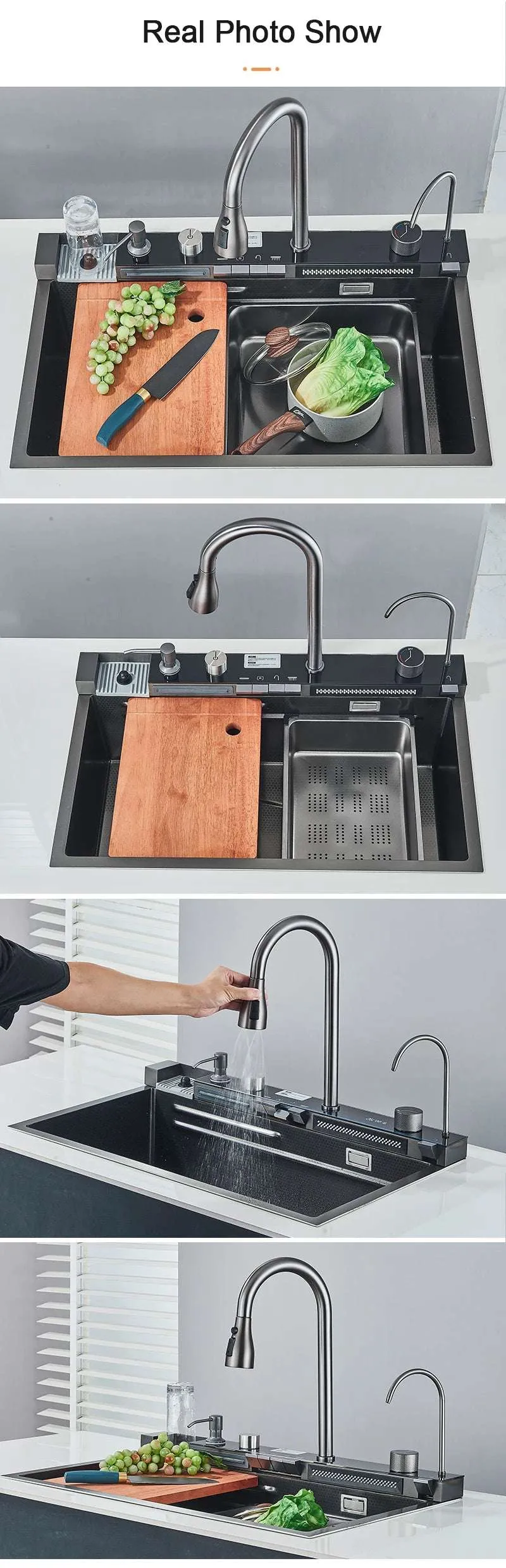 Stainless Steel Kitchen Sink with Faucet 75*45cm Large Single Bowl Digital Display Dish Basin Sink Waterfall Hot Cold Faucets