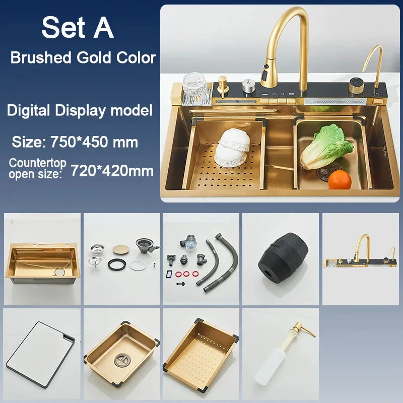 Stainless Steel Kitchen Sink with Faucet 75*45cm Large Single Bowl Digital Display Dish Basin Sink Waterfall Hot Cold Faucets