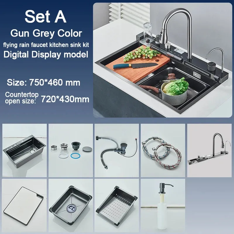 Stainless Steel Kitchen Sink with Faucet 75*45cm Large Single Bowl Digital Display Dish Basin Sink Waterfall Hot Cold Faucets