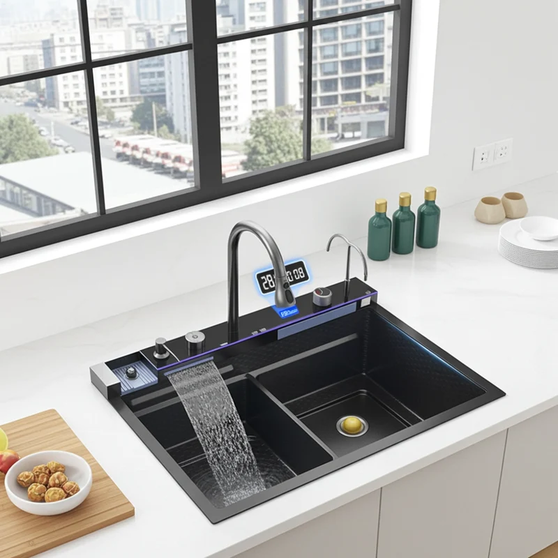 304 Stainless Steel Waterfall Kitchen Sink Large Single Slot Integrated Digital Display Faucet Set Soap Dispenser Cup Washer