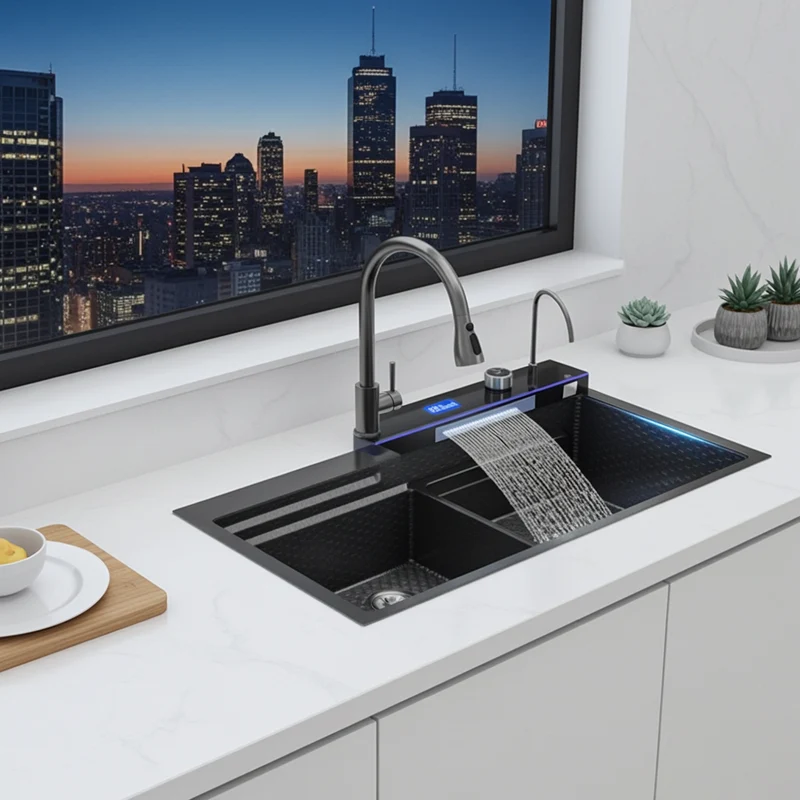 304 Stainless Steel Waterfall Kitchen Sink Large Single Slot Integrated Digital Display Faucet Set Soap Dispenser Cup Washer