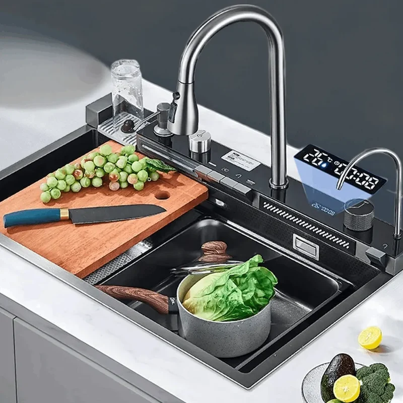 304 Stainless Steel Waterfall Kitchen Sink Large Single Slot Integrated Digital Display Faucet Set Soap Dispenser Cup Washer