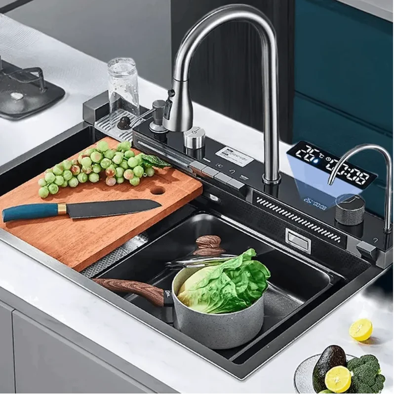 304 Stainless Steel Waterfall Kitchen Sink Large Single Slot Integrated Digital Display Faucet Set Soap Dispenser Cup Washer
