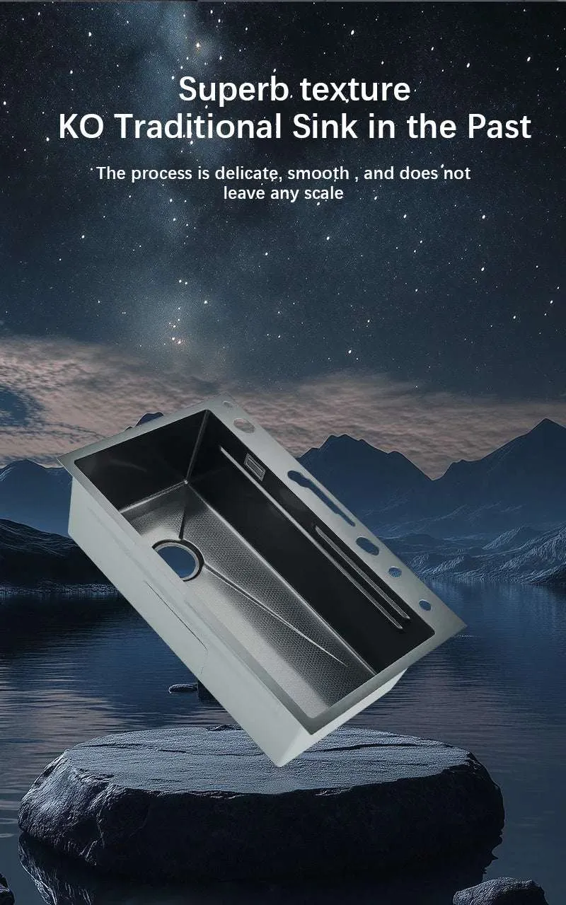 304 Stainless Steel Waterfall Kitchen Sink Large Single Slot Integrated Digital Display Faucet Set Soap Dispenser Cup Washer