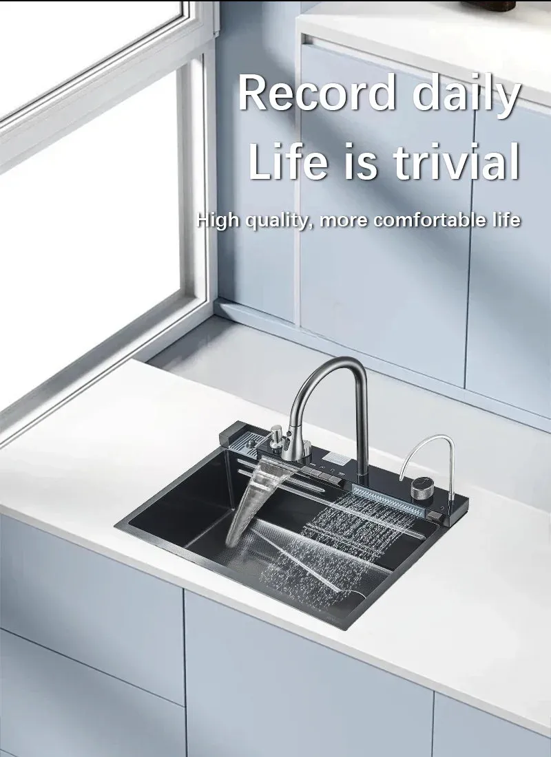 304 Stainless Steel Waterfall Kitchen Sink Large Single Slot Integrated Digital Display Faucet Set Soap Dispenser Cup Washer