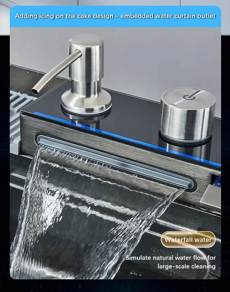 304 Stainless Steel Waterfall Kitchen Sink Large Single Slot Integrated Digital Display Faucet Set Soap Dispenser Cup Washer