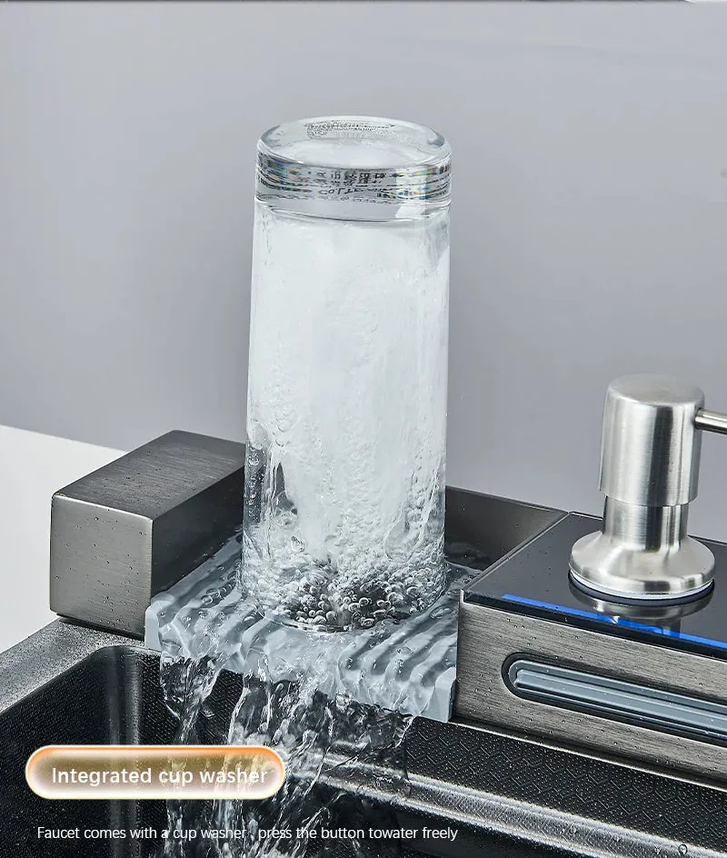 304 Stainless Steel Waterfall Kitchen Sink Large Single Slot Integrated Digital Display Faucet Set Soap Dispenser Cup Washer