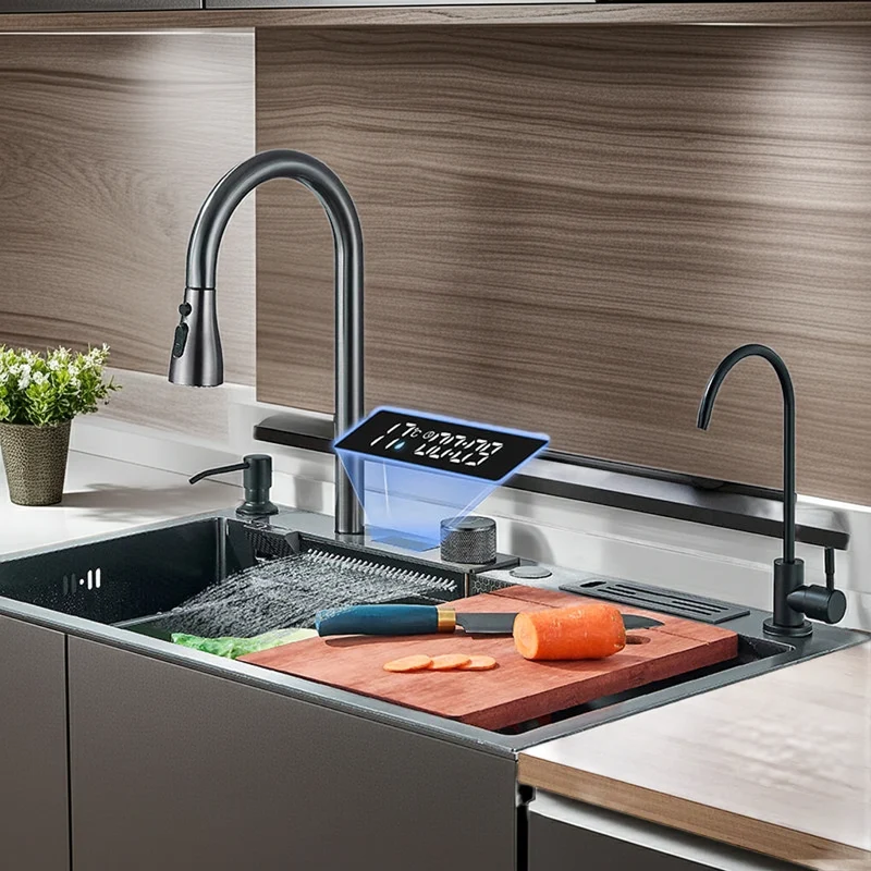 Stainless Steel Waterfall Sink. 5 Water Modes. Digital Faucet.