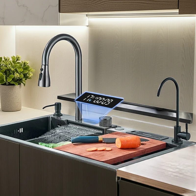 Stainless Steel Waterfall Sink. 5 Water Modes. Digital Faucet.